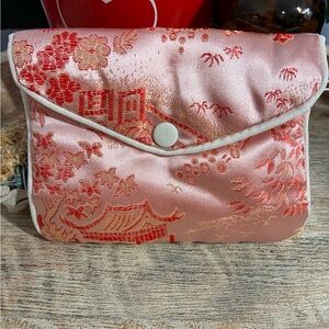 Vintage Chinese Brocade Pouch Pink Silk Travel Jewelry Coin Case